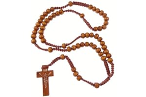 R HEAVEN Wood wooden light brown long cord rosary beads necklace 61cm