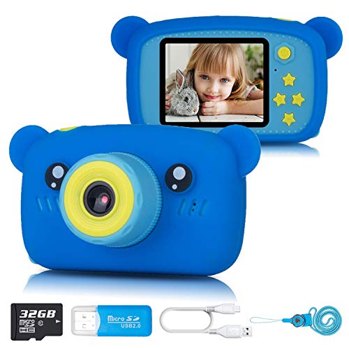 IXROAD Camara de Fotos para Niños 1080P Juguetes para Niña con Pantalla de 2 Pulgadas Estuche de Silicona y Tarjeta SD de 32GB (Azul)