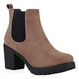  Stiefelparadies Damen Stiefeletten Chelsea Boots Wildleder-Optik Schuhe High Heel Plateau Booties Profilsohle 125271 Khaki Hellbraun 39 Flandell