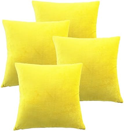 Inroy Cushion Covers Soft Faux Velvet Pillow Case Square Pillow Cover 18 x 18 Inch Set of 4 (45cm_X_45cm, Yellow)