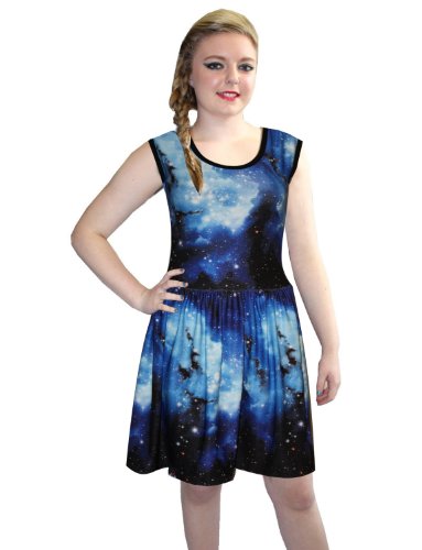 Galaxy Cosmos Sleeveless Rockabilly Gathering Dress (XX-Large, Blue Galaxy)