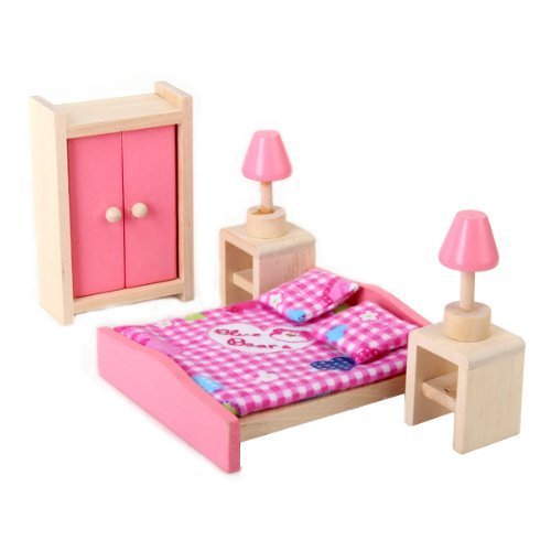 Ensemble de Mobiliers de Chambre à Coucher Miniature Jouet en Bois Meubles pour Maison de Poupée