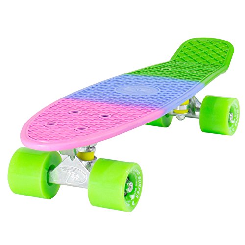 Land Surfer® Skateboard Cruiser Completo 56cm con tavola con 3 Toni di Colori Stile Fluorescente - Cuscinetti ABEC 7 - Ruote Verdi 59mm PU + Borsa per Il Trasporto
