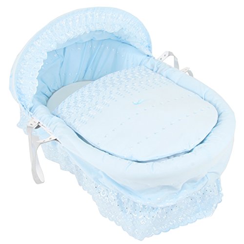 Isabella Alicia Broderie Anglais Milano Wicker Moses Basket (Blue)