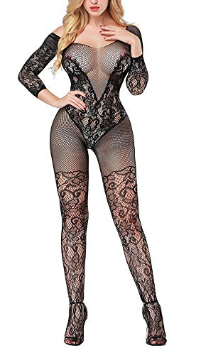 Acizi Sexy Résille Résille Bodystocking Maille Lingerie Babydoll Bodys Nuisette Nuisette Corps Bas (Noir)