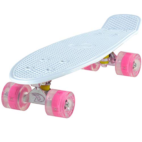 Land Surfer Cruiser Skateboard 22 pulgadas con bolsa de transporte de bopster, TABLA BLANCA / RUEDAS ROSAS LUCES LED