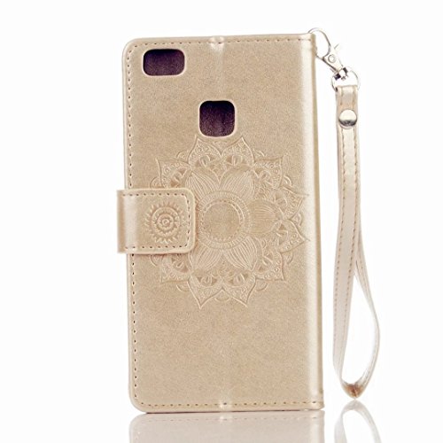 MUTOUREN für Huawei P9 Lite PU Leder Brieftasche + TPU Silikon Schutz Handy Hülle Case Cover [Kratzfeste, Scratch-Resistant] Hülle Schutzhülle Bookstyle Geprägtes Indische Sonne Henna Fall-Abdeckung Etui Bumper Schale – Gold + Metall Stift Stylus Pen - 3