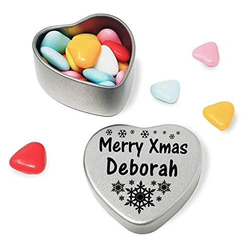 Merry Xmas Deborah Heart Shaped Mini Tin Gift filled with mini coloured chocolates perfect card alternative for Deborah Fun Festive Snowflakes Design