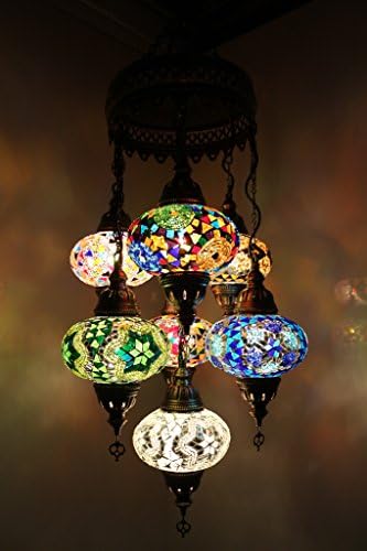 Multicolor Handmade Turkish Moroccan Style Mosaic Hanging Lamp Chandelier with 7 Large Size Globes