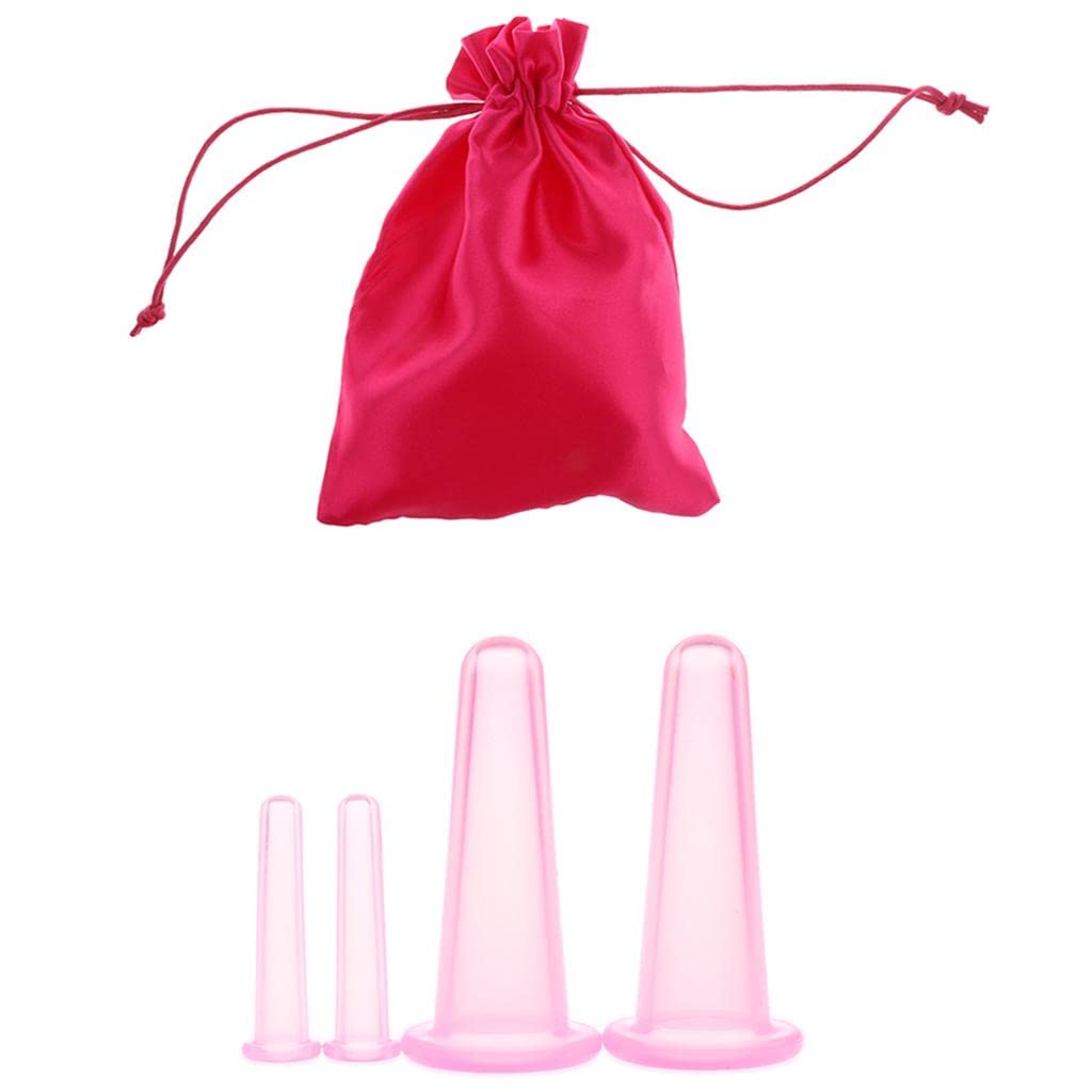 ELBME 4 Pieces Silicone Anti Cellulite Massage Vacuum Cupping Body Facial Cups Set Pink