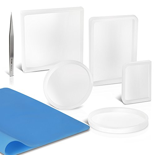 5 Pack Big Designs Resin Molds, Include Round, Square, Rectangle, Ellipse, Small Rectangle Shaped Jewelry Casting Molds, Coaster Molds, Come with 1PCS A4 Silicone Sheet and 1PCS Tweezer