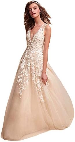 HotGirls V-Neck A-Line Tulle Wedding Dresses With 3D Flowers Sleeveless (UK6, Ivory)