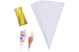 Maouywiee Cone Bag 100 PCS Clear Cello Treat Bags Popcorn Bags Triangle Goody Bags with Twist Ties for Candies Handmade Cookies (5.1" X 9.8")