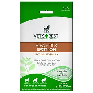 Vets Best Natural Spot On Flea Repellent for Dogs, Safe and Effective Flea Treatment Drops, 3-8 Month Supply for Various Dog Sizes, Pet-Friendly Formula, White