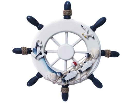 Deko Steuerrad Schiff Holz Fischernetz Muscheln Fische Maritime (01)