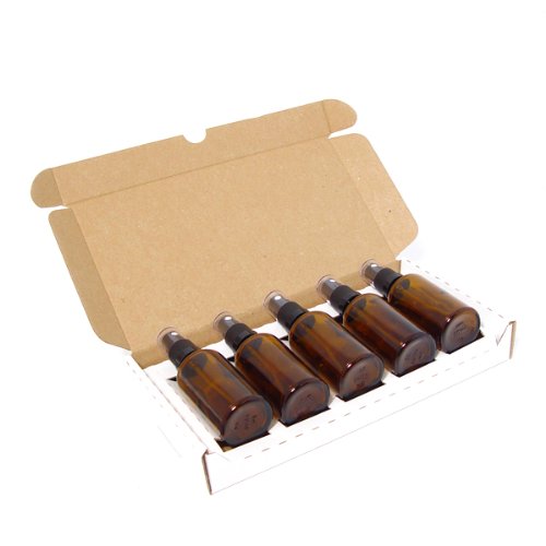 50ml Moulded Amber Glass Atomiser Spray Mister Bottle x 5 - With Free Storage Box