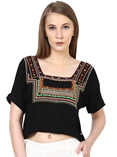 ARKYN Youcom Women Black Embroidered Boxy Crop Top