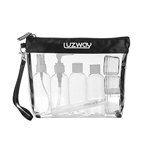 Preisvergleich Produktbild Kulturbeutel Durchsichtig mit 8 Behältern (max.100ml) LUZWAY Transparent Kulturtasche für FlüssigkeitenKosmetiktasche / Reiseset Handgepäck für Flugzeug Reise Flaschen Handgepäck Beutel(Schwarz)
