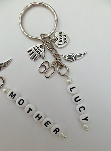 PERSONALISED KEYRING Any Name Or Word 60th Birthday Anniversary Angel Wing Hand Made Love Heart