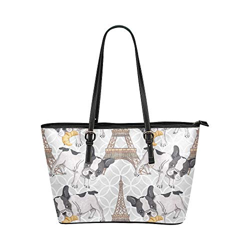 Preisvergleich Produktbild Xl Wiederverwendbare Einkaufstüten Französische Bulldogge Mit Croissant In Eiffelturm Leder Hand Totes Tasche Kausale Handtaschen Mit Reißverschluss Schulter Organizer Für Damen Damen Geldbörsen Und H
