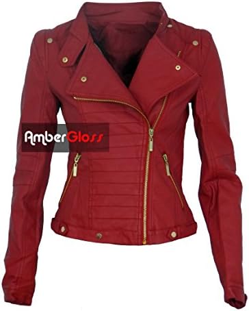 LADIES FAUX LEATHER BIKER JACKET WOMENS BOMBER PVC COAT SIZES SMALL MEDIUM LARGE (Small, Red)