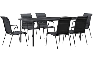 Festnight Essgruppe Garten Stahl Gartenmöbel Set 6 Stühle mit Tisch Schwarz,Sitzgruppe Garten Essgruppe 6 Personen,Gartenstühle Sitzgruppe Garten Stahl Gartenmöbel Stahl(190 cm Tischlänge)