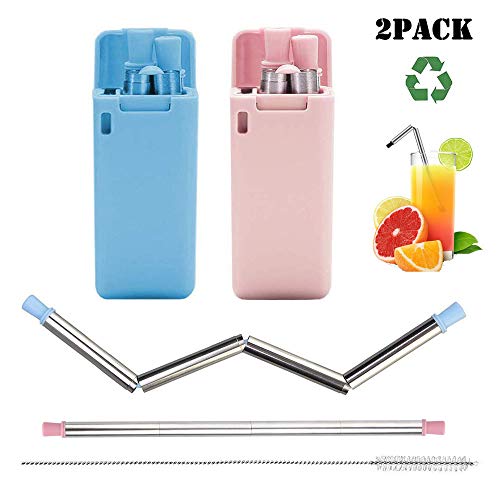 BYBOT - Pajita reutilizable plegable de acero inoxidable y silicona de grado alimenticio, juego portátil con soporte de estuche duro y cepillo de limpieza, para fiestas, viajes, exteriores Blue & Pink