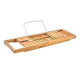 Bamboo Bath Storage Adjustable Bookshelf Tray Organiser with Expandable Side Holder tub Table with extendable Sides, Reading Rack, Tablet Holder, Mobile Phone Tray and Wine Glass Holder.