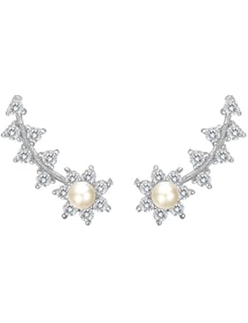 Clearine Damen 925 Sterling Silber Bohemien Boho CZ Süßwasser-Zuchtperle Blume Ast Ohrklemme Ohrringe Klar