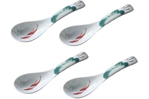 HONHEAM Juego de cucharas de sopa de cerámica, cucharas de arroz de porcelana esmaltada estilo chino, juego de 4 cucharas de vajilla asiática (verde oscuro)