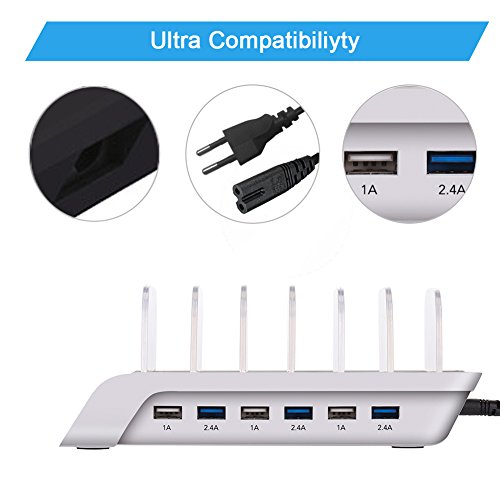 Dock Station di Ricarica INKERSCOOP Caricabatterie da Tavolo con 6 Porte USB Caricatore per Smartphone e Tablet (argento)