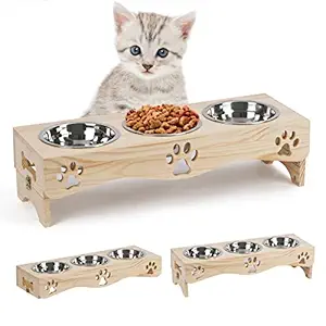 JAZUIHA Cat Food Bowls Set, Stainless Elevated Pet Dishes Bowls with Wooden Stand, Adjustable Heighs Cat Feeder with 3 Bowls for Food and Water (Wood Color)
