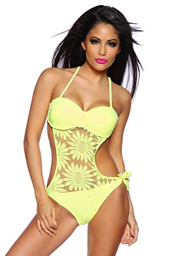 Samegame Neon Yellow / Lime Monokini With Floral Mesh Covering (UK 12)