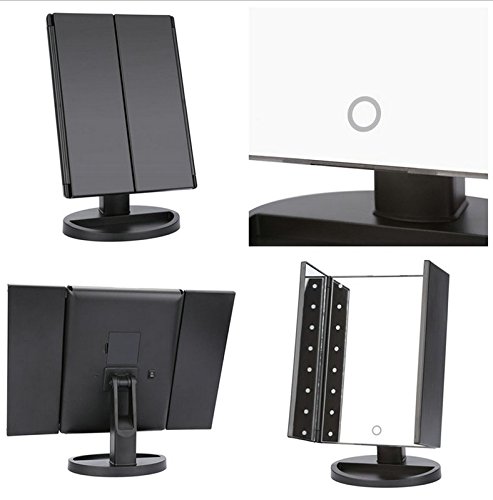 LED Make up Spiegel, Frideko 16 LEDs beleuchtete dreiseitig faltbarer Kosmetikspiegel mit abnehmbare 10x Vergrößerungsspiegel, Touch Schalter, Hinterbauständer, Batteriebetrieb für Badezimmer Schlafzimmer Reise Ankleideraum - 5