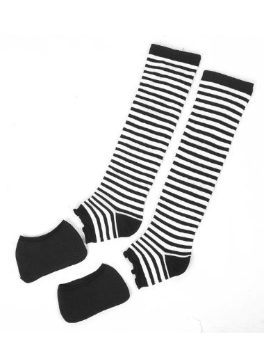 Miki&Co Woman Stripe Pattern Elastic Toeless Leg Warmers w Boat Socks Pair