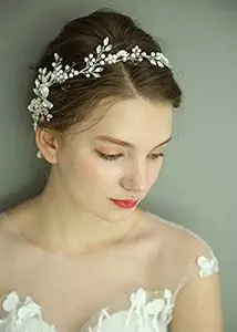 fxmimior Bridal Hair Accessories Women Hair Vine Bridal Headpiece Bridal Hairpiece Ribbon Wire Headband Wedding Hairpiece Crystal Pearl Hair Accessories for Women Brides (Silver)