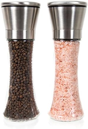 Special Introductory Price! Premium Tall Glass & Stainless Steel Salt and Pepper Grinder Set - Brushed Stainless Steel Pepper Mill and Salt Mill, Adjustable Ceramic Rotor By Simple Kitchen Products