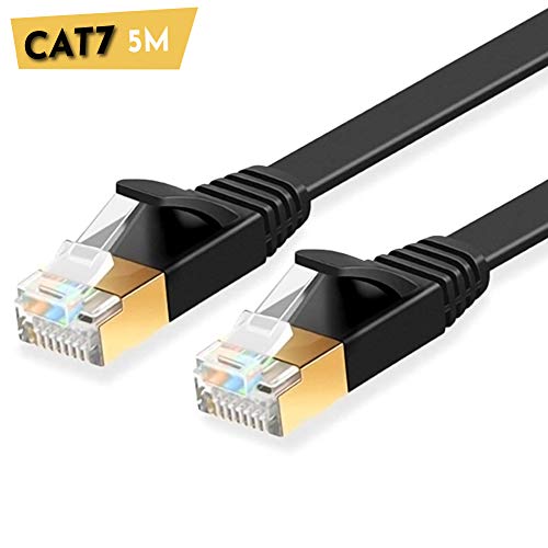 ULTRICS Cavo Ethernet 5M, Alta Velocità 10Gbps Cat 7, RJ45 Cavi Piatto LAN di Rete con Spina Placcato Oro STP Fili, Patch Cable Compatibile con PS4, Xbox, Router, Modem, Switch, PC - Nero