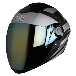 Steelbird Yooshopper ABS Shell, EPS SBA-2 Streak Matt Finish Full Face Graphics Helmet, Free Transparent Visor for Night Vision, Free Venus Safety Mask (Large 600, Black with Silver - Golden Visor)