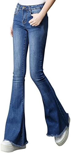 Mena Women's High Waist Bell Bottom Flares Jeans and Heart Shape Pocket (Color : Blue, Size : XXL)