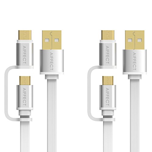 Micro USB Type C Cable, AIFFECT Micro USB+Type C 2 in 1 Adapter Charging Cord Phone Charger for New MacBook, Google Pixel XL, Samsung, Nexus, LG Micro and Type C Smartphone (2 Pack Silver)
