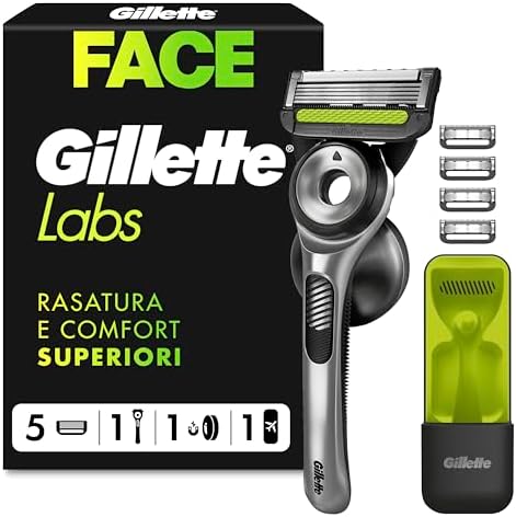 Gillette Labs Rasoio a Mano Libera con Barra Esfoliante e Lamette di Ricambio, 1 Manico + 5 Lamette Gillette Labs di Ricambio, Include Gancio da Parete e Custodia da Viaggio