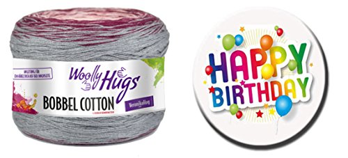 BOBBEL COTTON 01: 1er-Geschenke Set WOOLLY HUG: 1 x 200g Knäuel 50% Baumwolle fein & 50% Polyacryl, Lauflänge 800m/200g, Nadelstärke 2,5-3,5 Maschenprobe 10x10cm = 25M/34R + Button HAPPY BIRTHDAY