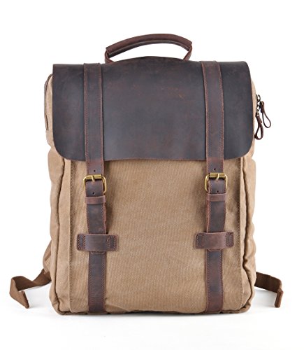 Gootium Unisex Vintage Canvas Real Leather Laptop Backpack Rucksack Travel Daypacks, Khaki