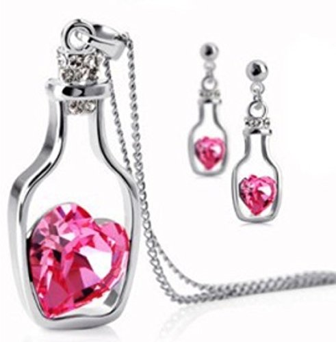 Preisvergleich Produktbild Schmuckset Flaschenpost Rosa Stein Versilbert Modeschmuck Halskette + 2 Ohrringe
