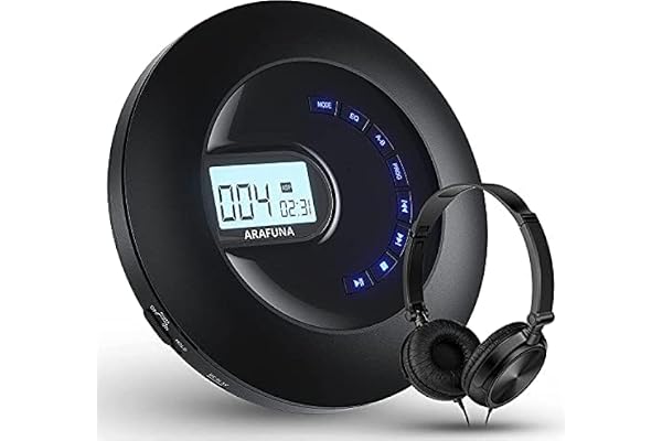 Arafuna Lecteur CD Portable Rechargeable pour Voiture, Lecteur CD avec écouteurs et Anti-Skip/Shockproof, Petit baladeur CD avec écran LCD, câble AUX, rétro-éclairage