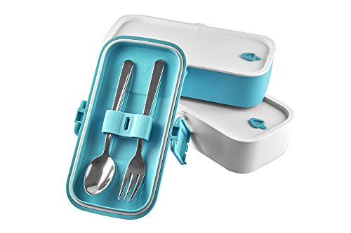 LeOx- Lunchbox mit zwei Fächern Bento Box Brotdose Aufbewahrungsdose Lunchbox mit Unterteilung Essen to go Food Container Lunchbox zwei Fächer mit Besteck aus Edelstahl (Blau) - 3