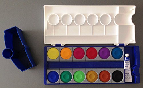 10 x Pelikan Schulanfang Tuschkasten Spar Komplett-Set, 720250 Deckfarbkasten K12, 12 Farben + 1 Tube Deckweiß, Schul-Standard, Wasserbox 808246 für Pelikan Deckfarbkasten Schul-Standard blau, Pelikan 718163 – Pinsel Starterset mit 5 Stück Haarpinseln - 4
