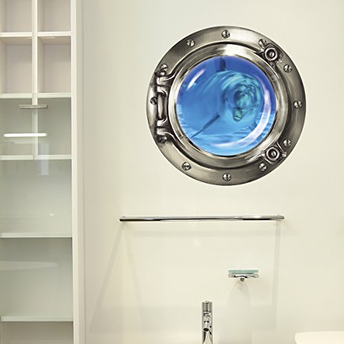 Wandkings Wandsticker Bullauge „Unterwasserwelt – Neugieriger Delfin“ – 30 x 30 cm SILBER - 2