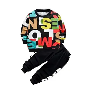 Googogaaga Boys Cotton Full Sleeves Printed Sweatshirt with Pant Set in Black Color (6-7 Years)